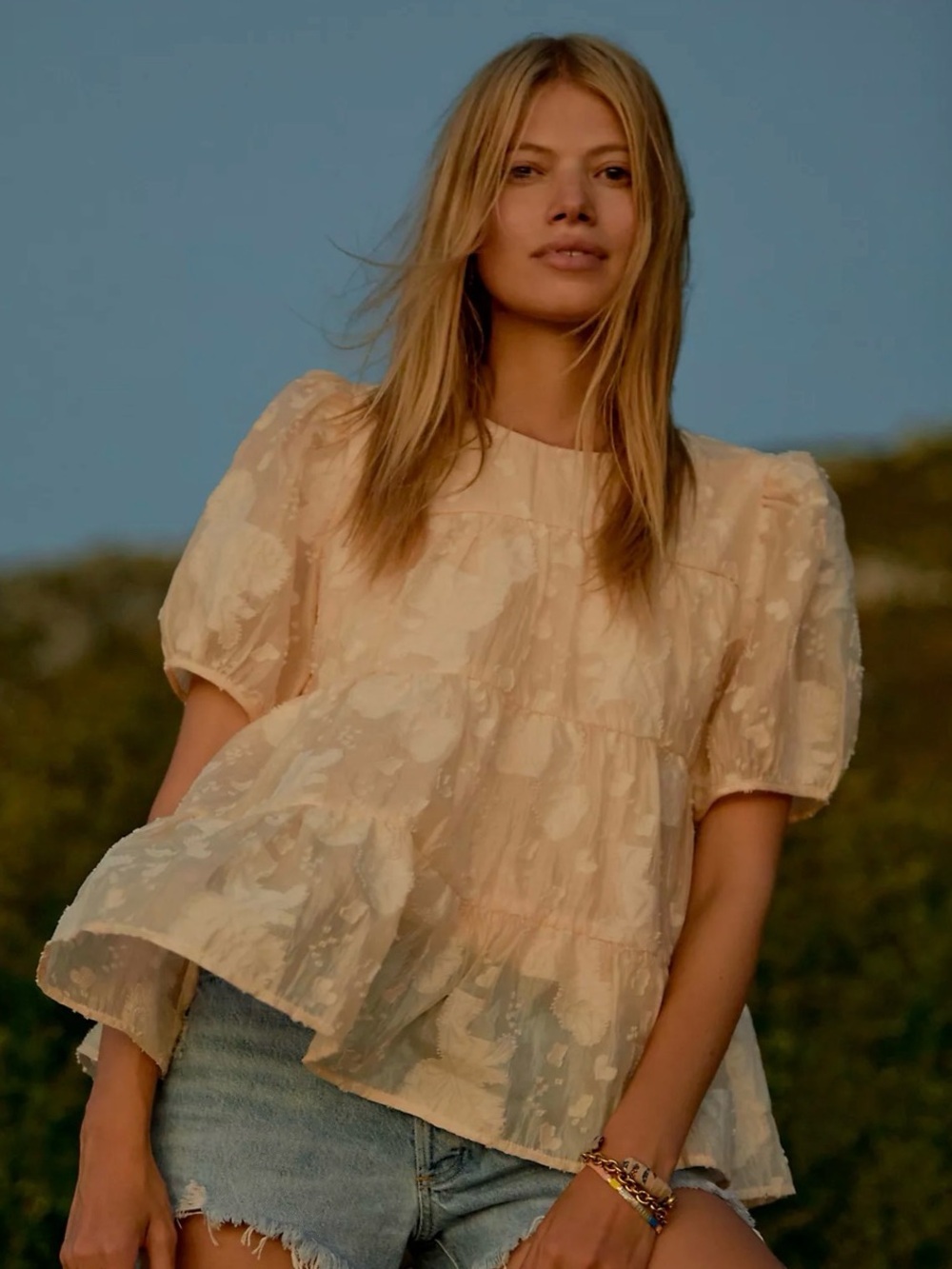 Moon River Cream Puff-Sleeve Tiered Geneva Blouse XS from Anthropologie